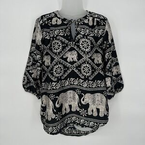 Antilia Femme Sz M Black Elephant Print Tunic 3/4 Balloon‎ Sleeves Satin Blouse